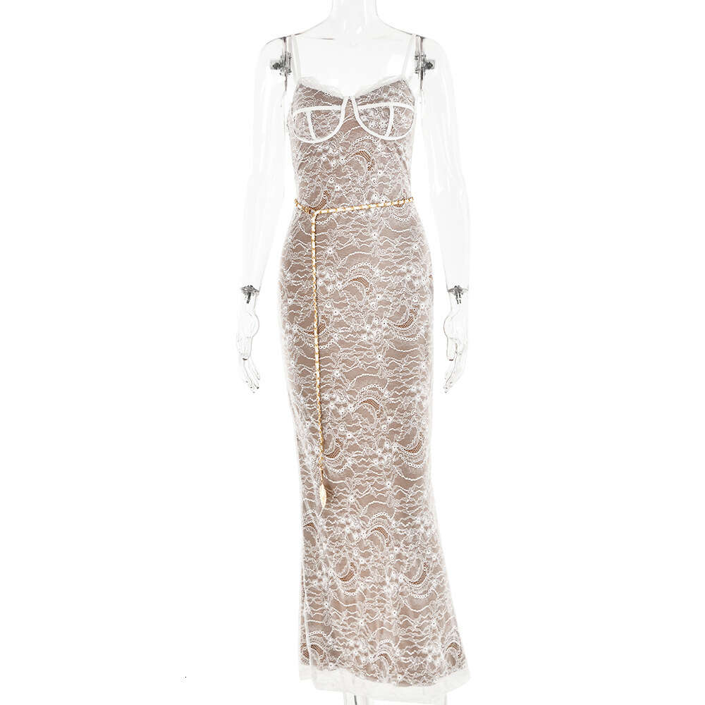 2024 Hot selling New Sexy Spicy Girl Lace Spliced Open Back Suspended Strap Split Long Dress F5964