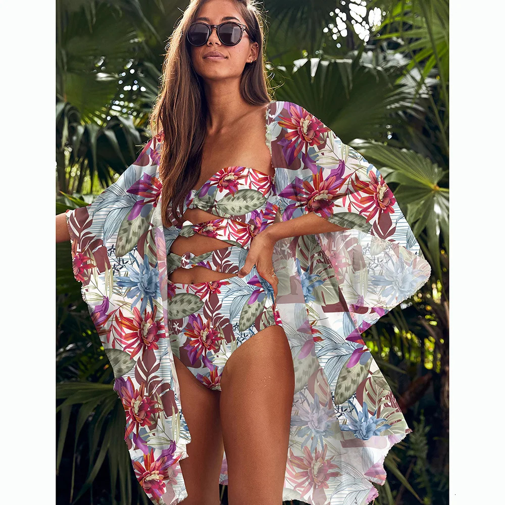 Bandage One Piece Swimsuit Women Swimwear Printed Monokini Floral Backless Bathing Suit Summer Beachwear Bikinis Cover Up 240509