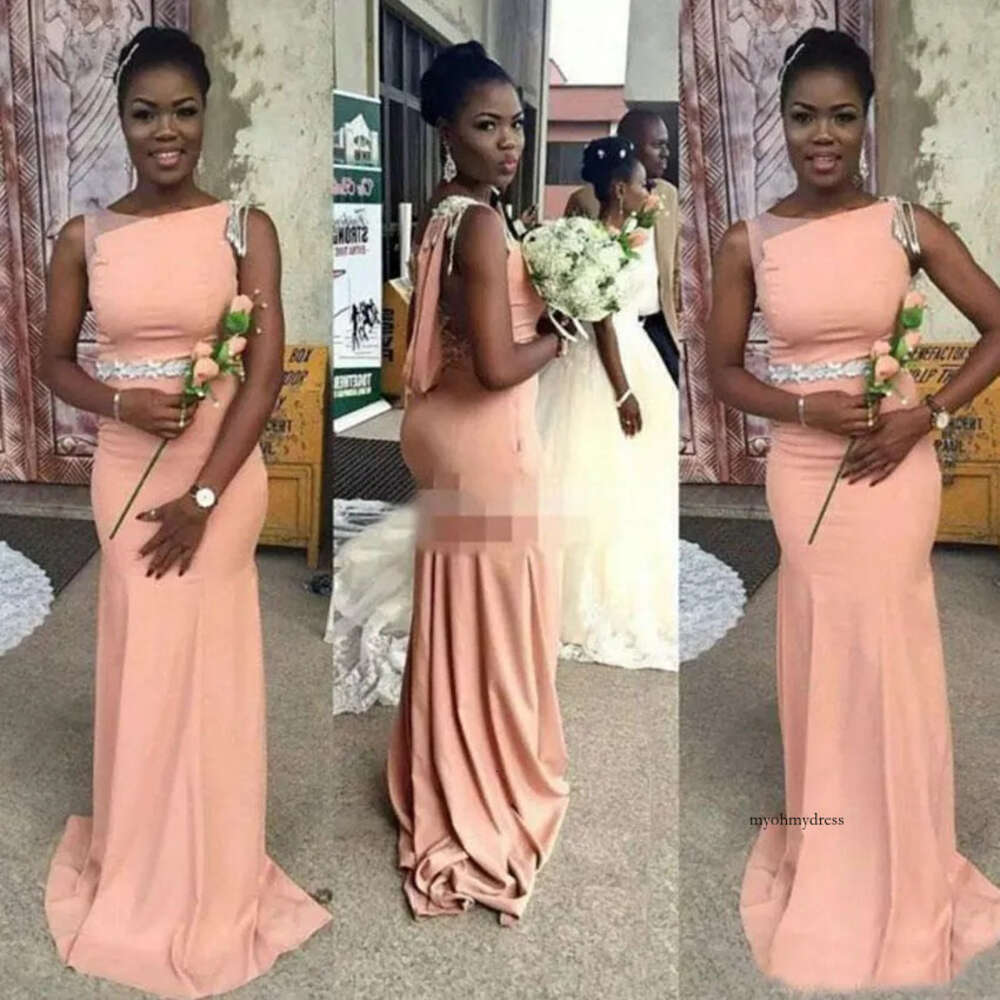2021 Long Peach African Bridesmaid Dress Asymmetrical Bateau Neck Sleeveless Beading Lace Appliques Illusion Back Mermaid Wedding Party Gown 0509