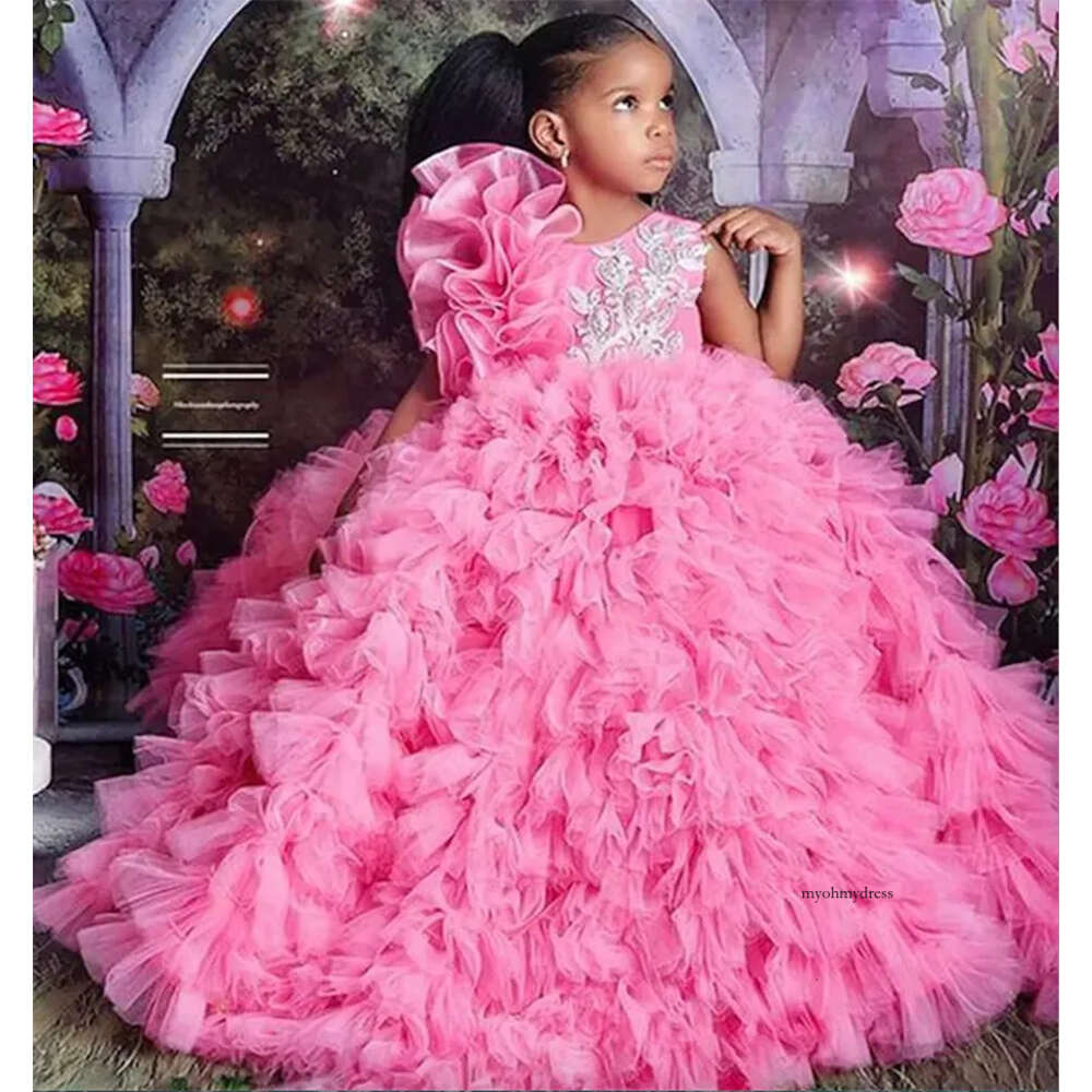 Cute Puffy Ball Gown Pink Little Girl Pageant Dresses Ruffles Tulle Floor Length Brithday Party Gowns For Toddler Kids Long Communion Flower Girls Dre