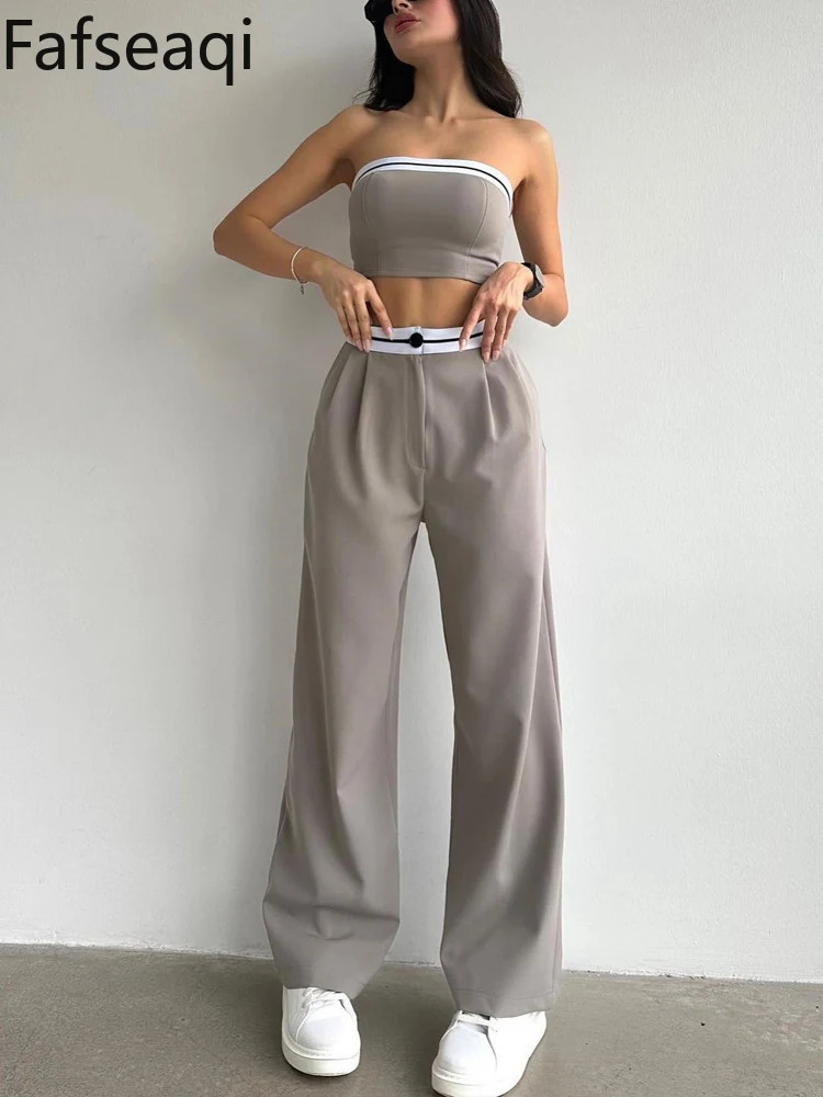 Sexy Womens Tracksuit with Boob Tube Top Slash Neck Contrast Color Wide Leg Trousers Sports Suit for Women Two Piece Set Outfit 240423
