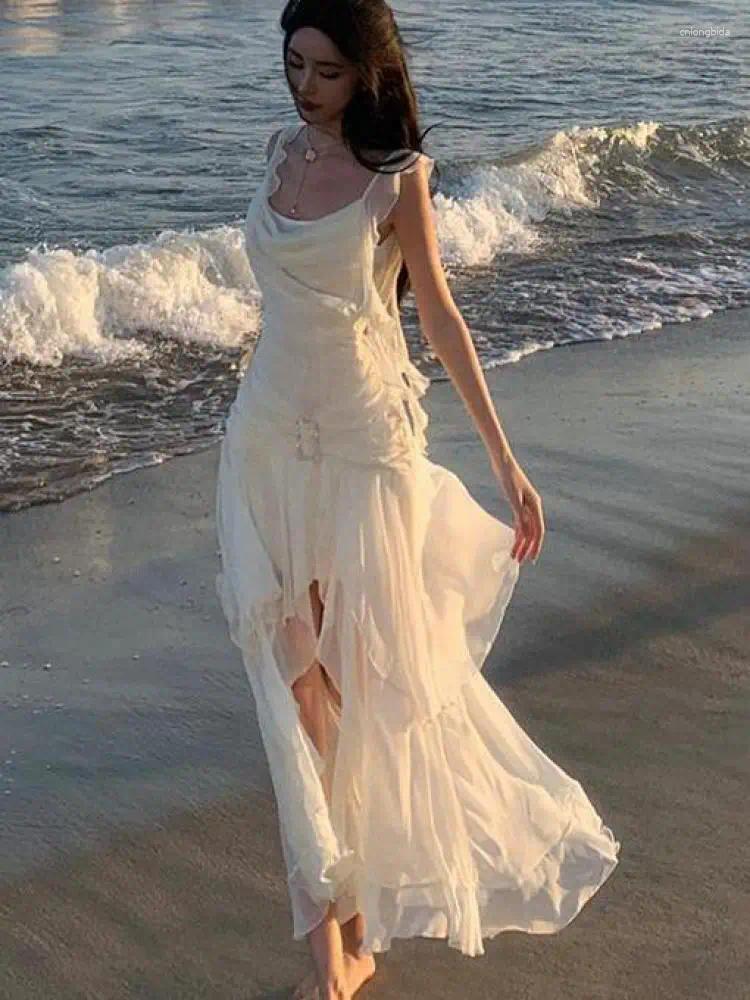 Casual Dresses Beige Elegant Sexy Club Asymmetrical Ruffles Slip For Women Summer Backless Holiday Beach Party Split Long Dress Fashion