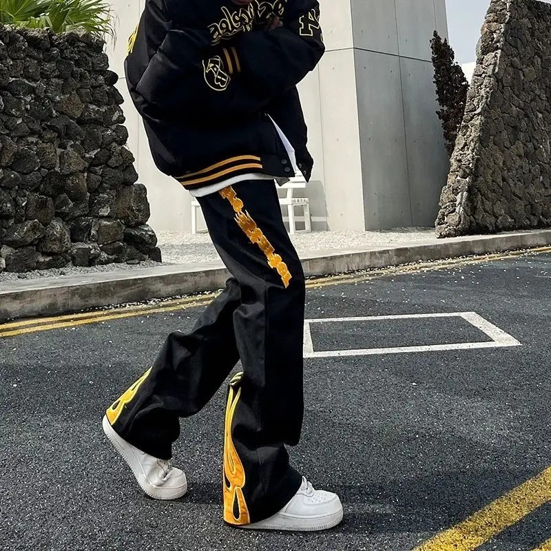 American high street men and women hip-hop personality flame printed straight leg jeans trendy micro flared casual pants y2k 240429