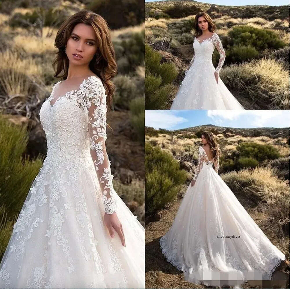 Modest Long Sleeves A Line Dresses V Neck Lace Appliqued Sweep Train Plus Size Wedding Bride Gown vestido de novia 0509