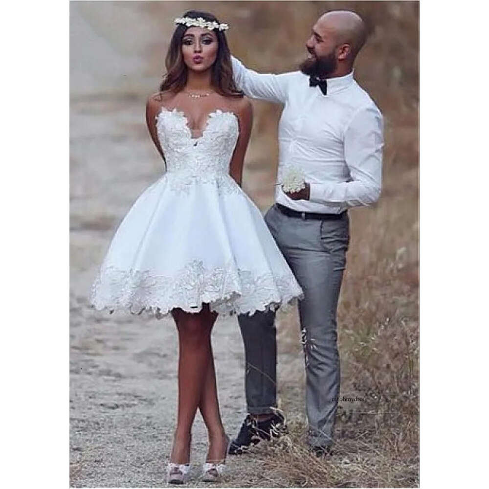 White Lace Appliques Dresses Sweetheart Backless Short Wedding Gowns Boho Bride Dress robe de mariee 0509