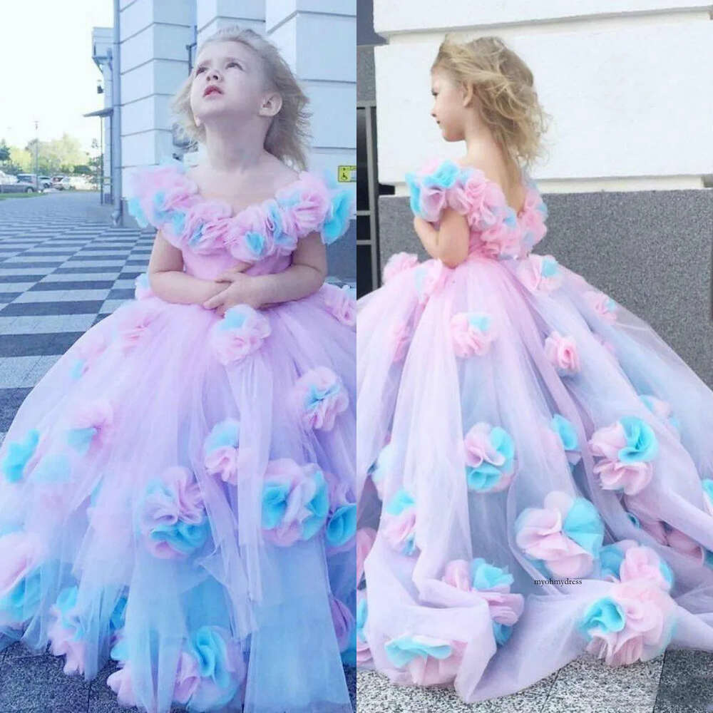 Cute Ball Gown Flower Girl Dresses Ruffles Combined Colorful Hand Made Floral Baby Pageant Gowns Customize First Communion Party Wedding Wear 0509