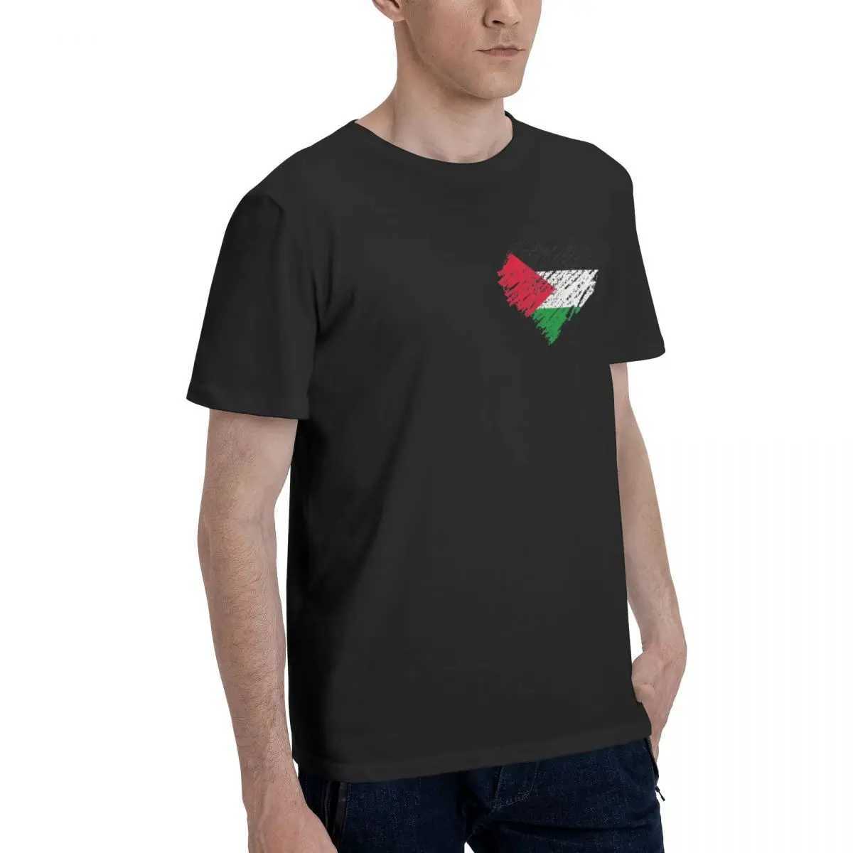 Men's T-Shirts Mens T-shirt Palestine Heart Spliced Vintage Cotton Ts Short Sve T-shirt Crew Neckline Top Gift T240508