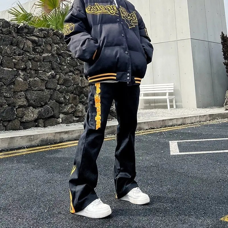 American high street men and women hip-hop personality flame printed straight leg jeans trendy micro flared casual pants y2k 240429