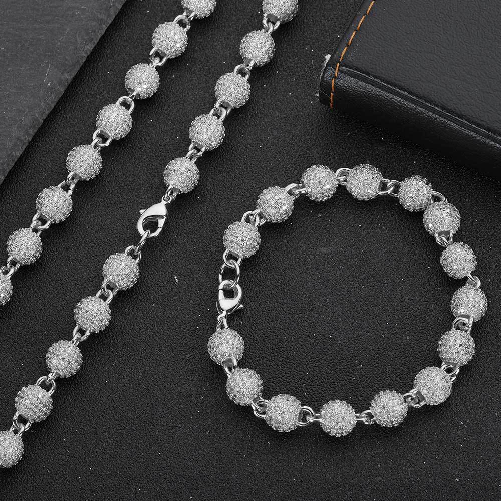 8mm Hip Hop Round Beads Ball Chain Bracelets 5A Zircon Gold Plated Women Mens Jewelry