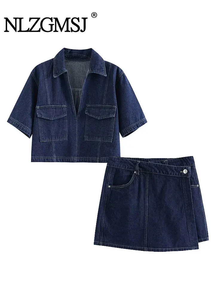 TRAF 2024 Womens Fashion Flip Pocket Decoration Short Collar Slim fit denim Top Asymmetric Denim Skirt 2 Piece Set 240507