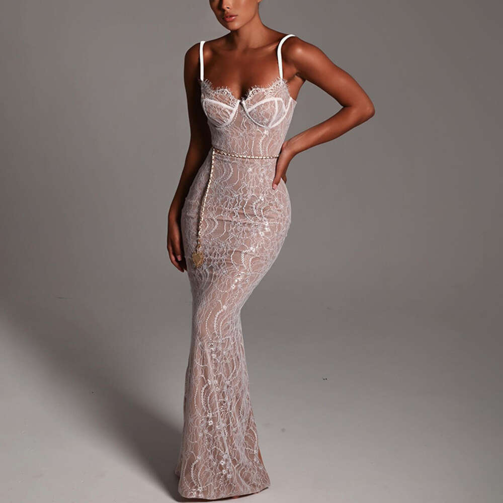 2024 Hot selling New Sexy Spicy Girl Lace Spliced Open Back Suspended Strap Split Long Dress F5964