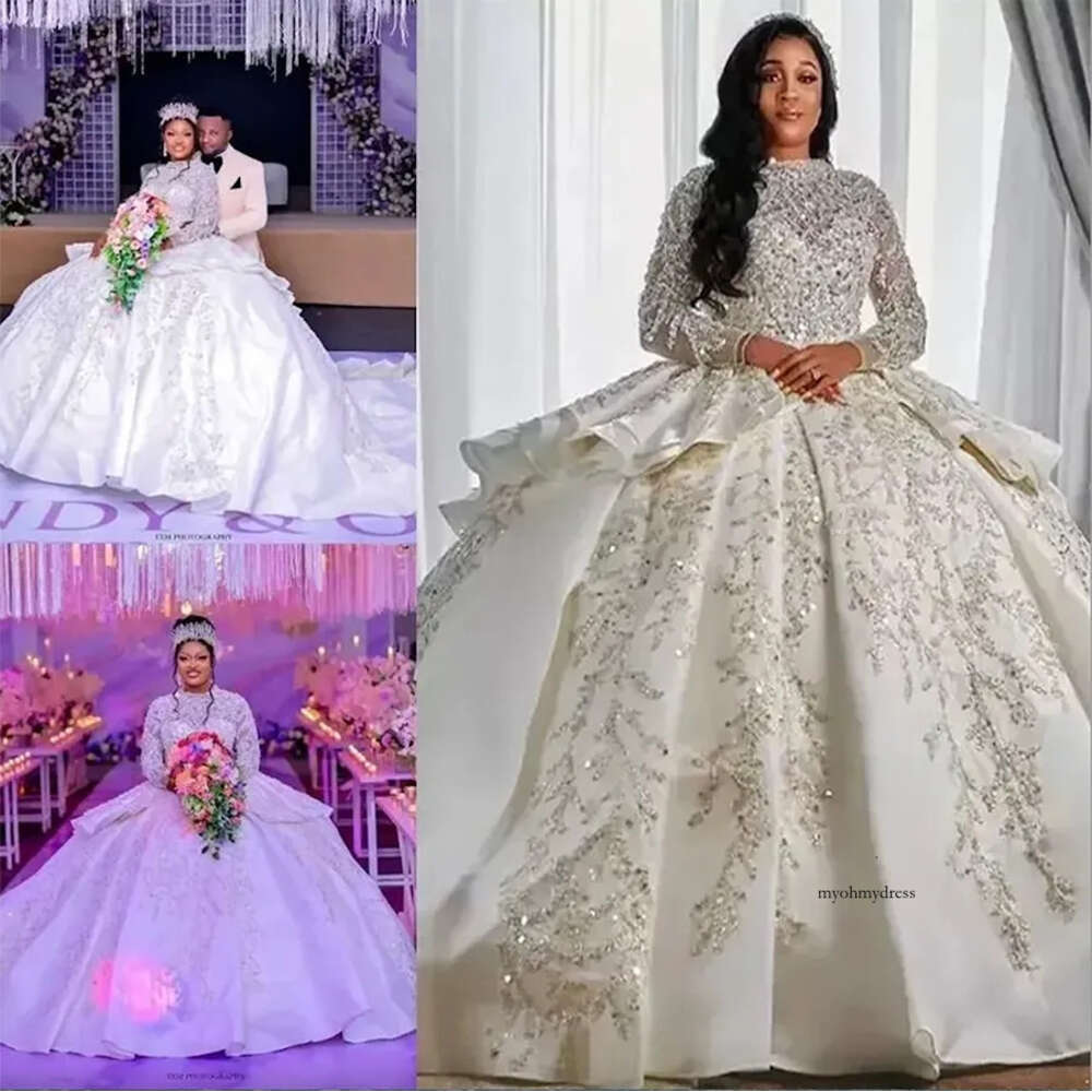 Luxurious Arabic Style A Line Wedding Gowns Long Sleeves Puffy Train Princess Sparkly Sequins Bridal Party Dresses Plus Size Robe De Marriage 0509