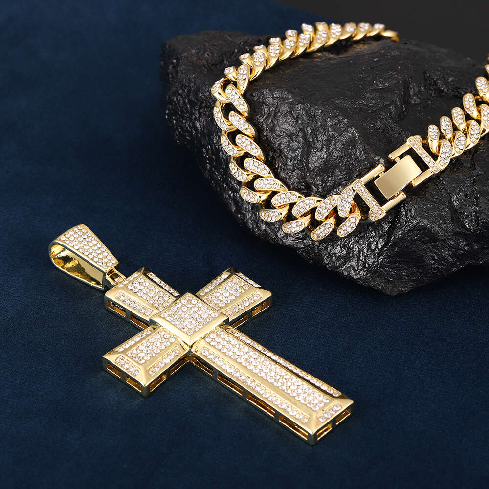 Gold Color Men 13mm Cuban Chain Necklace Iced Out Bling Cross Pendant Hip Hop Jewelry Gift Women