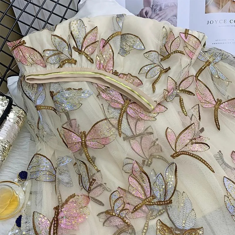 women Tulle Skirts Mesh High wais A line korean style autumn Elegant Sequin Embroidery Long Skirt Spring Summer Female 240506