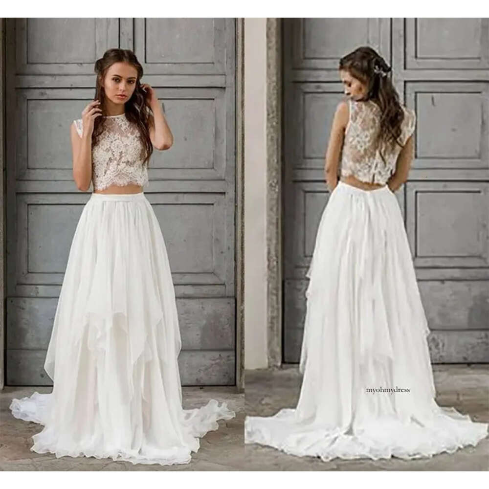 Bohemian Dress 2 Pieces Vintage Sleeveless Lace Beach Bride Dresses Train Elegant Chiffon Wedding Bridal Gowns 0509