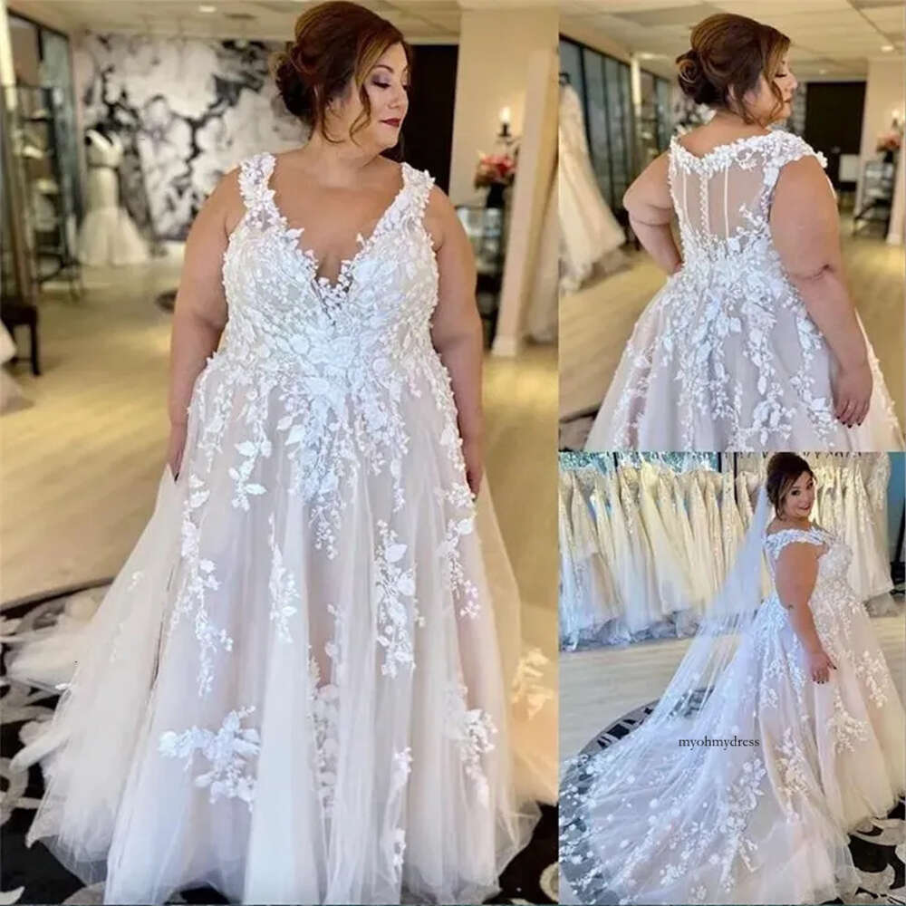 Plus Size Wedding Dresses Bridal Gown with 3D Floral Lace Applique V Neck Sweep Train Tulle Custom Made Covered Buttons Back vestido de novia 0509