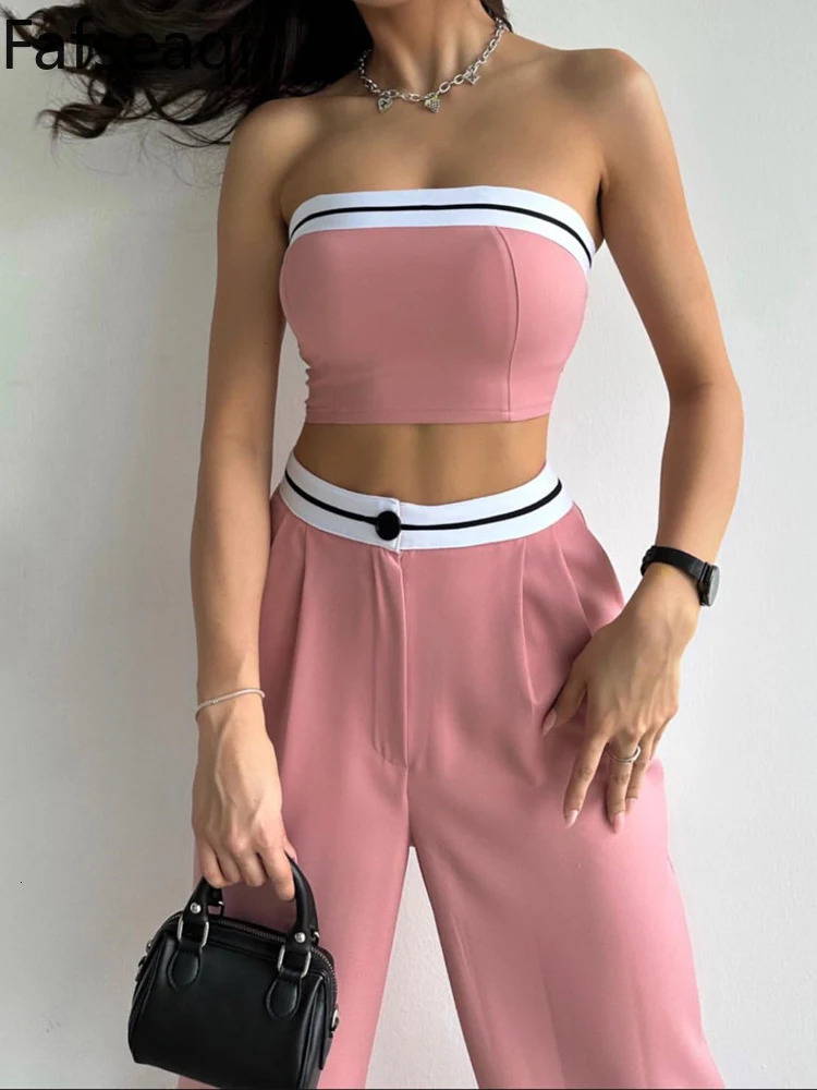 Sexy Womens Tracksuit with Boob Tube Top Slash Neck Contrast Color Wide Leg Trousers Sports Suit for Women Two Piece Set Outfit 240423