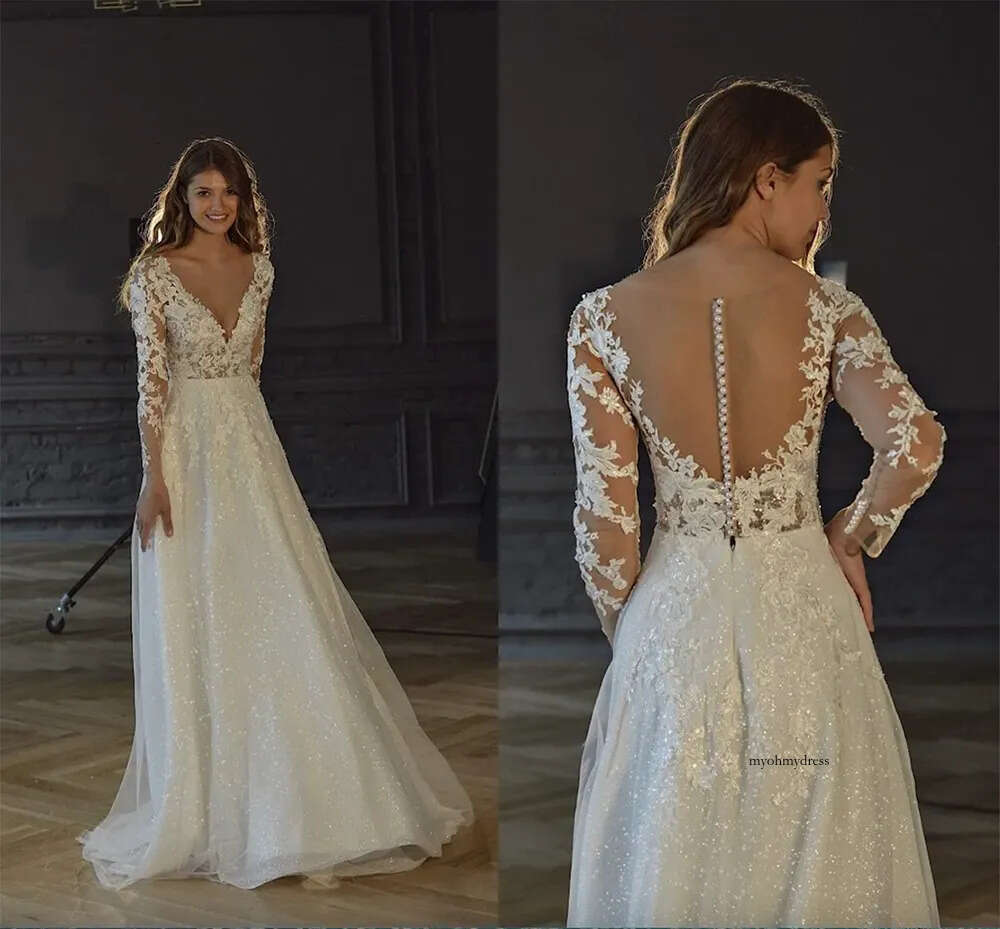 V Neck Appliqued Lace A Line Wedding Dresses With Long Sleeves Shiny Sequined Vintage Country Illusion Back Buttons Vestidos Plus Size Maternity Brida
