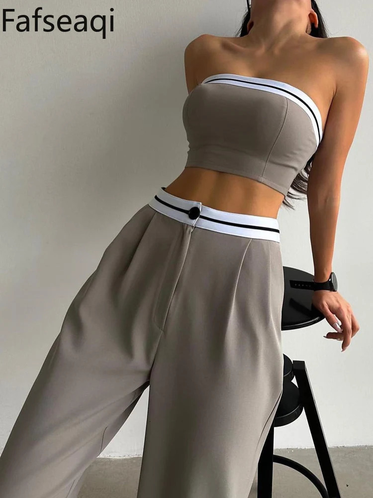 Sexy Womens Tracksuit with Boob Tube Top Slash Neck Contrast Color Wide Leg Trousers Sports Suit for Women Two Piece Set Outfit 240423