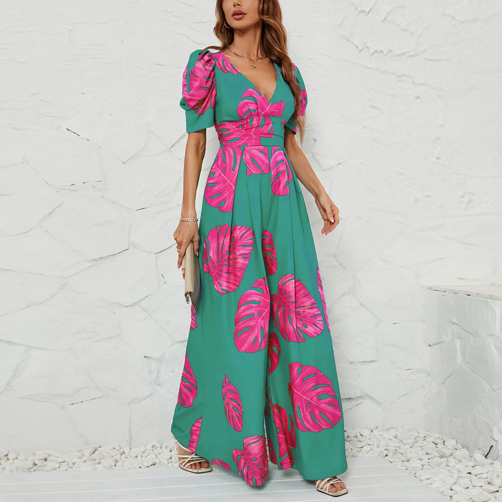 Casual Short Sleeve Jumpsuits Women Elegant Printed Wide Leg Pants Commuting Summer Holiday VNeck Long Rompers 240423
