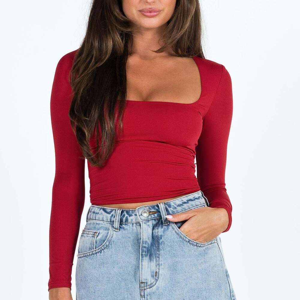 2024 New Women's Long sleeved Solid Color Open Navel Square Neck T-shirt Top F59 20
