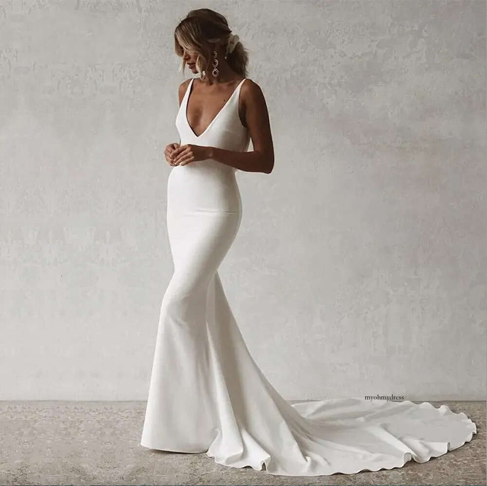 Sexy Mermaid Bride Dresses Boho V-Neck Open Back Elastic Wedding Gown Simple Long Train Buttons Bridal Dress 0509