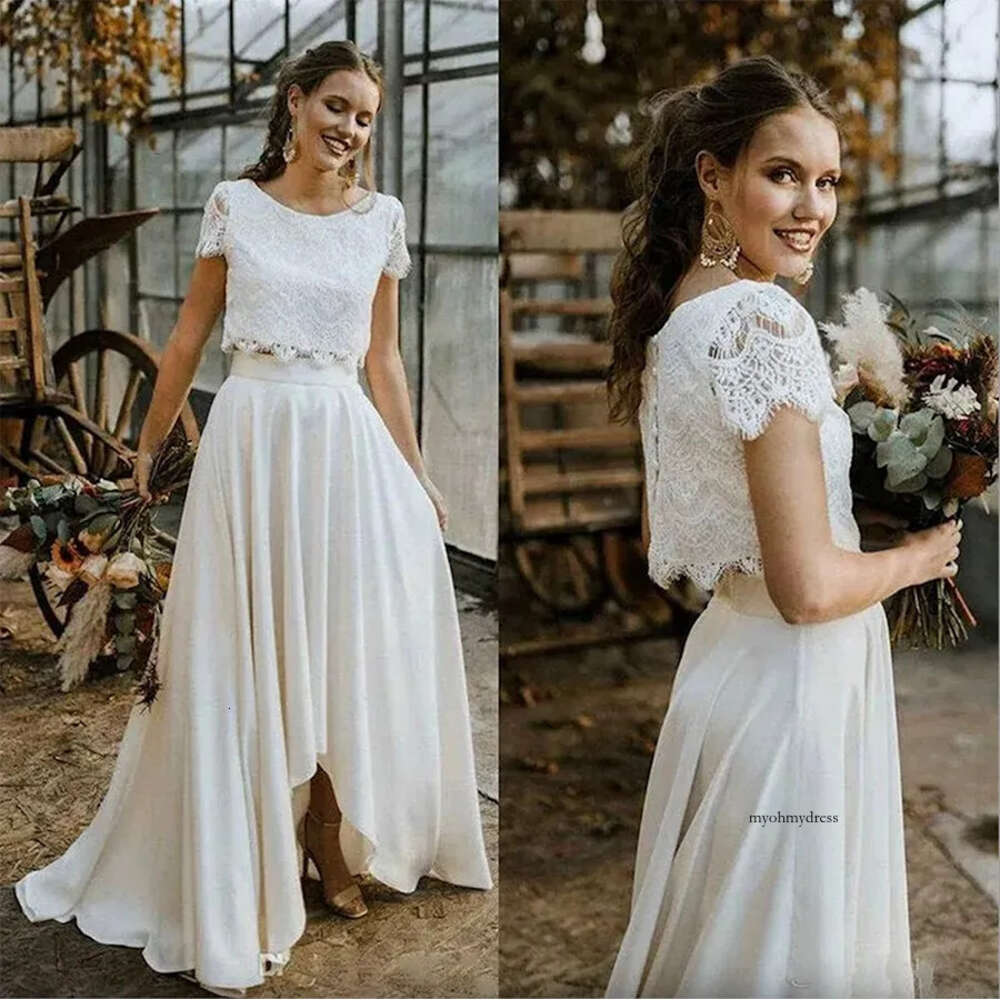 Two Piece Romantic Plus Size Wedding Dresses Bohemian A Line Scoop Neck Short Sleeves Hi-Lo Lace Pleats Beach Bridal Gowns Vestido De Novia 0509