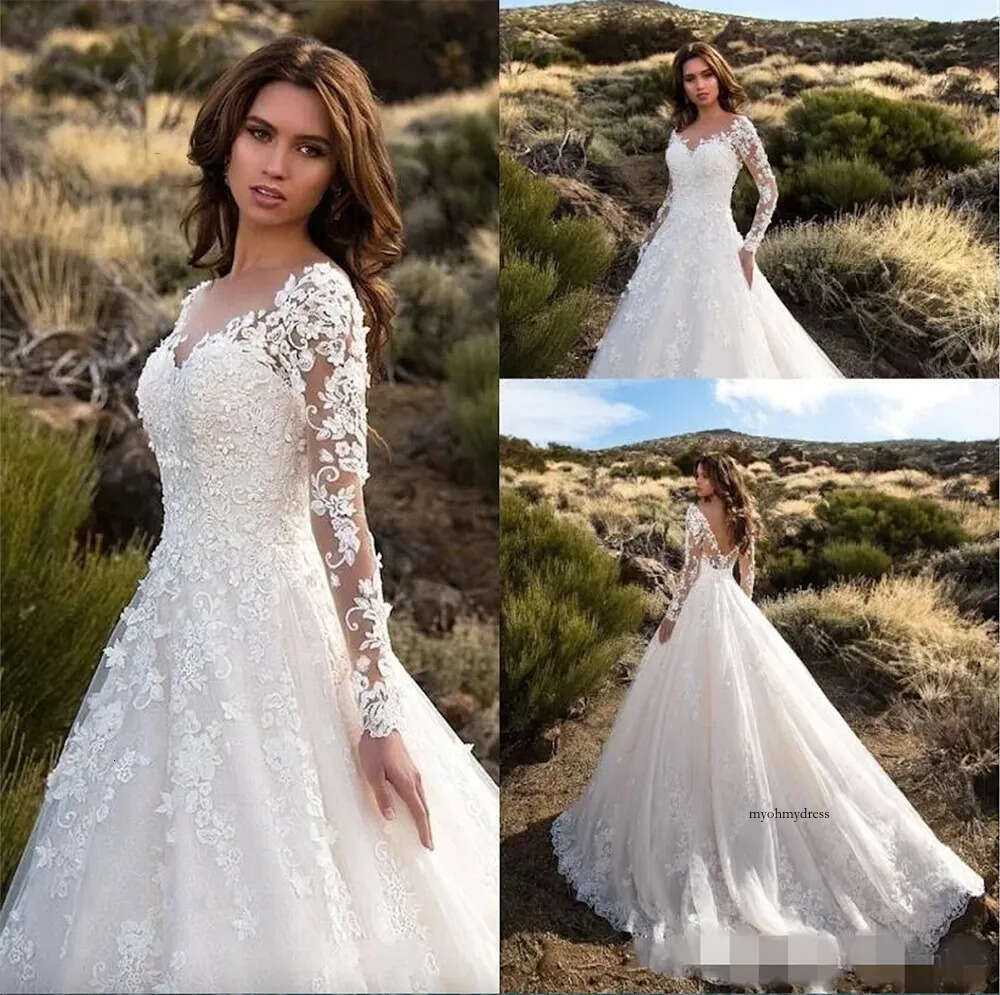2023 Modest Long Sleeves A Line Dresses V Neck Lace Appliqued Sweep Train Plus Size Wedding Bride Gown vestido de novia 0509