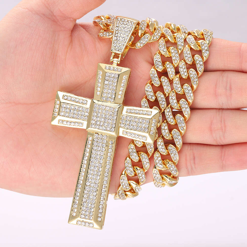 Gold Color Men 13mm Cuban Chain Necklace Iced Out Bling Cross Pendant Hip Hop Jewelry Gift Women