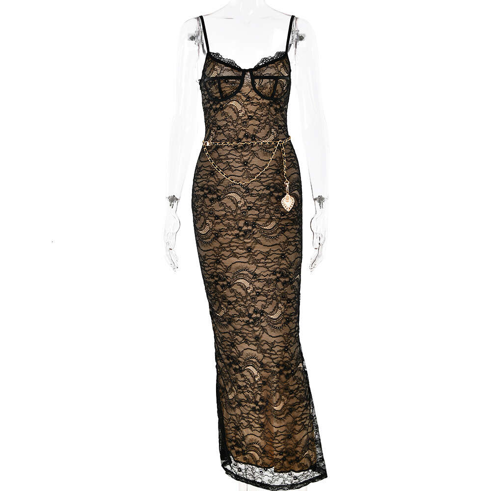 2024 Hot selling New Sexy Spicy Girl Lace Spliced Open Back Suspended Strap Split Long Dress F5964