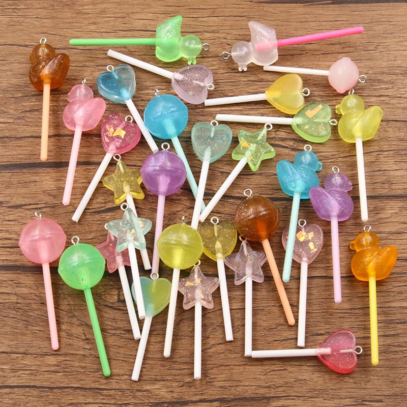 10Pcs Mix Color Size Bling Glitter Heart Round Duck Star Lollipop Resin Charms For Earring Kawaii 3D Keychain Jewelry Making 240507