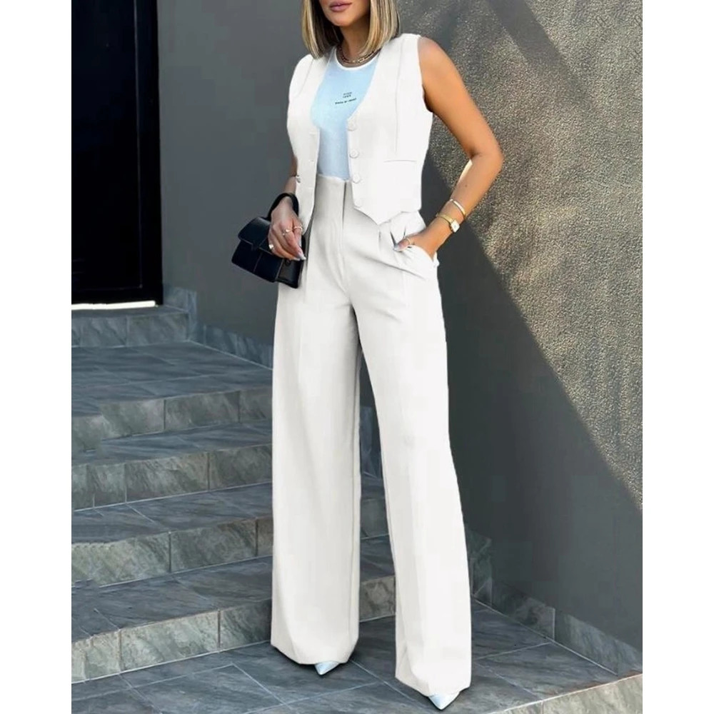 Ensembles Femme Buttoned VNeck Waistcoat Top Wide Leg Pants Sets Business Attire for Women Summer 2 Pieces Set Workwear 240428