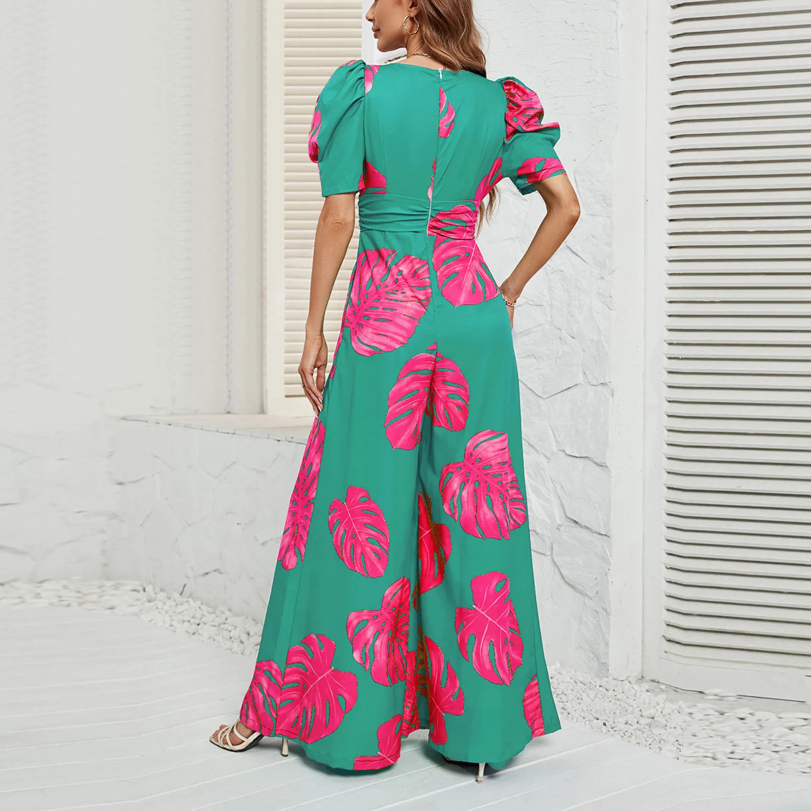 Casual Short Sleeve Jumpsuits Women Elegant Printed Wide Leg Pants Commuting Summer Holiday VNeck Long Rompers 240423