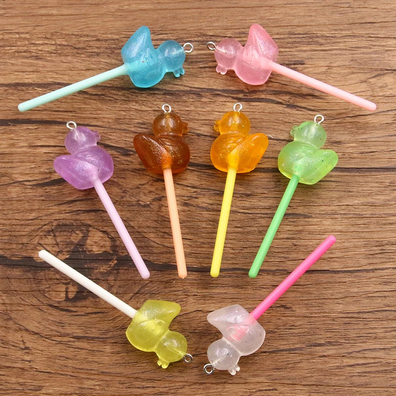 10Pcs Mix Color Size Bling Glitter Heart Round Duck Star Lollipop Resin Charms For Earring Kawaii 3D Keychain Jewelry Making 240507