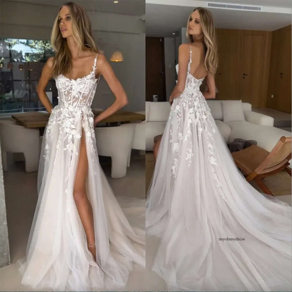 Boho A line Wedding Dresses Bone Bodice Appliques Spaghetti Slit Tulle designer wedding bridal gowns 0509