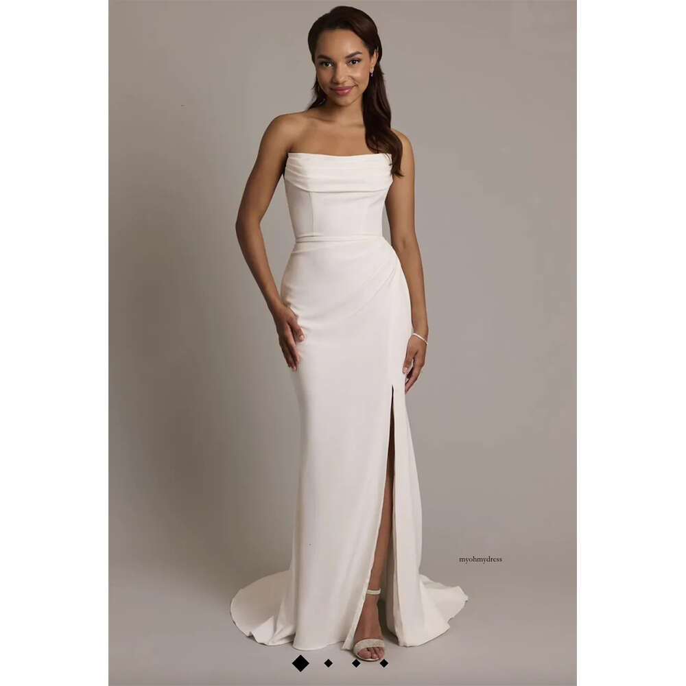 Vintage A Line Wedding Dress 2024 Strapless Pearls Satin Backless Split Front/Side Bridal Bride Party Gown Vestidos Noiva Robe De Mariage 0509