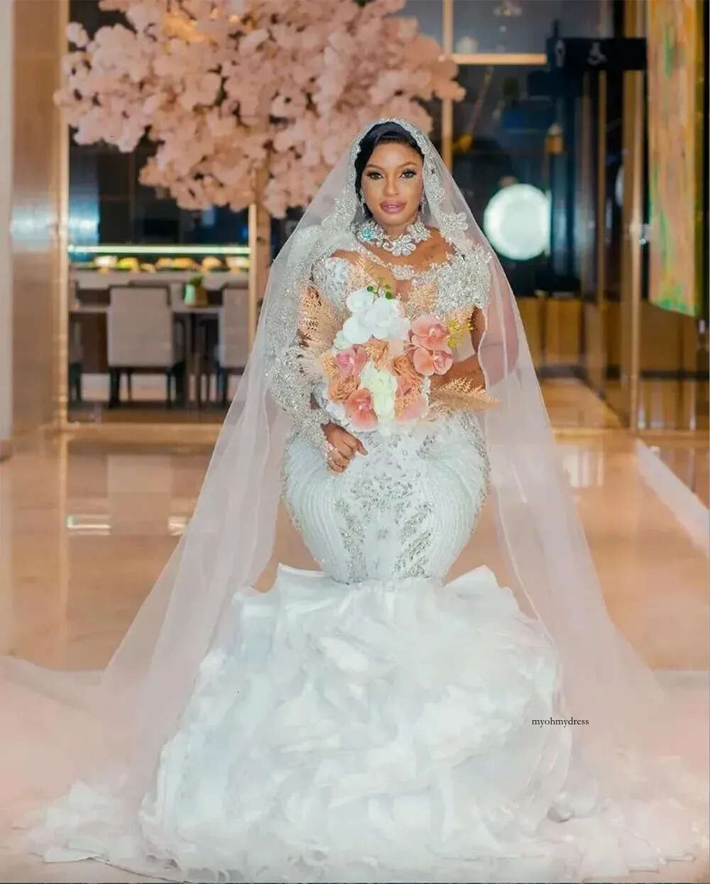 2025 Arabic Aso Ebi White Mermaid Wedding Dresses with Detachable Train gillter Beaded Crystals illusion long sleeve Bridal Gowns