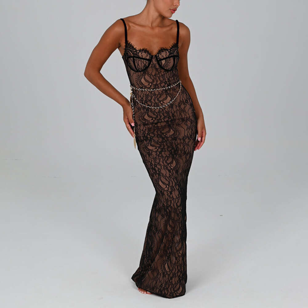 2024 Hot selling New Sexy Spicy Girl Lace Spliced Open Back Suspended Strap Split Long Dress F5964