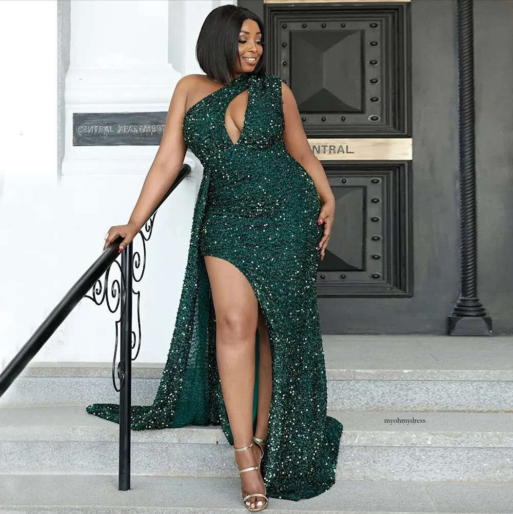 Shining Sequined Plus Size Evening Dresses One Shoulder Neckline Prom Gowns Mermaid Long Sleeve Side Split Special Ocn Dress 0509