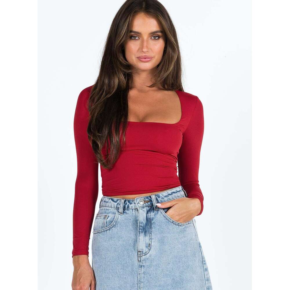 2024 New Women's Long sleeved Solid Color Open Navel Square Neck T-shirt Top F59 20