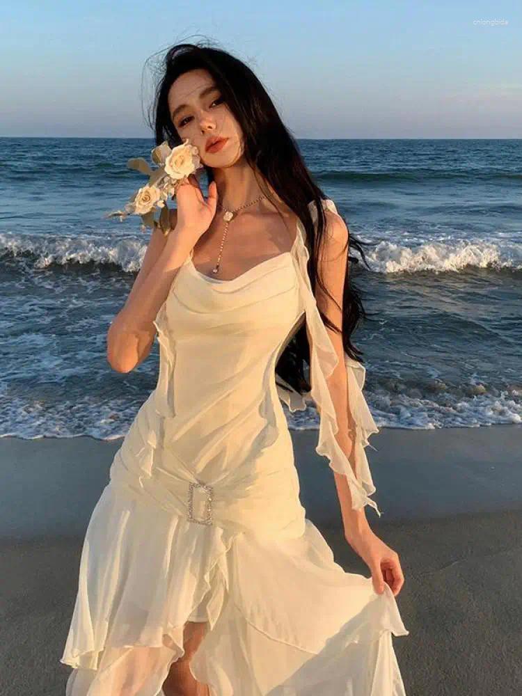 Casual Dresses Beige Elegant Sexy Club Asymmetrical Ruffles Slip For Women Summer Backless Holiday Beach Party Split Long Dress Fashion