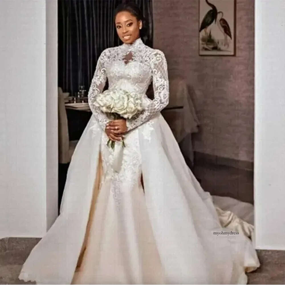 Plus Size Mermaid Wedding Aso Ebi Sheer Neck High Bride Dress Long Sleeves Dresses African Arabic Charming Train Formal Bridal Gowns 0509