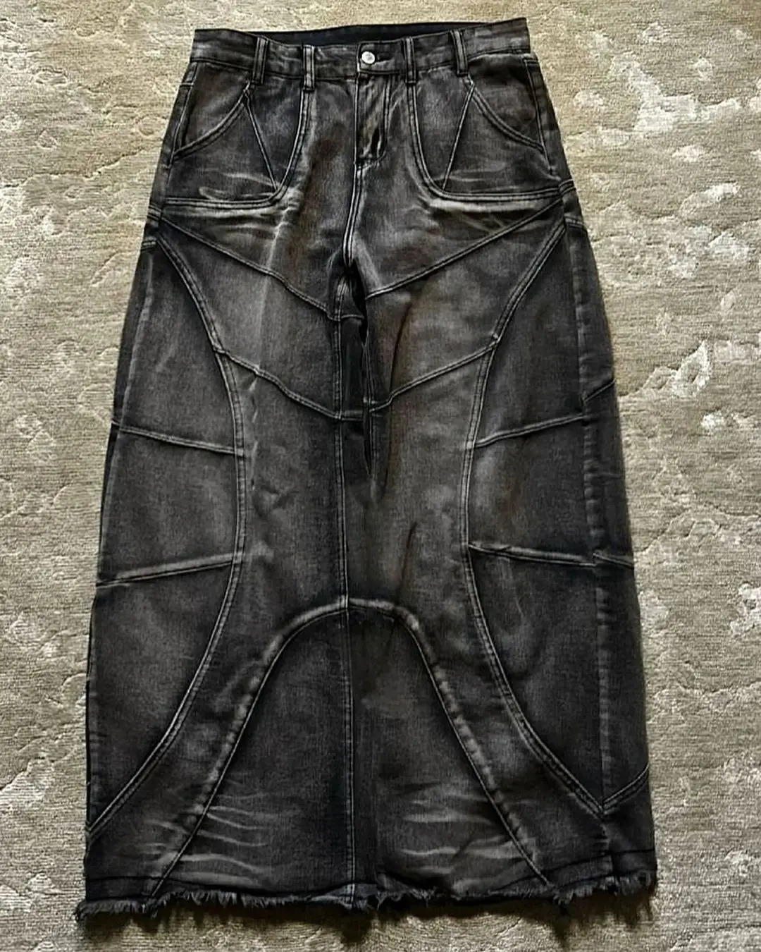 Y2K Streetwear Heavy Craft Washed Distressed Faded Jeans Flare Slim Straight Tassel Jeans for Men and Women Raw Edge Denim Pants 240429