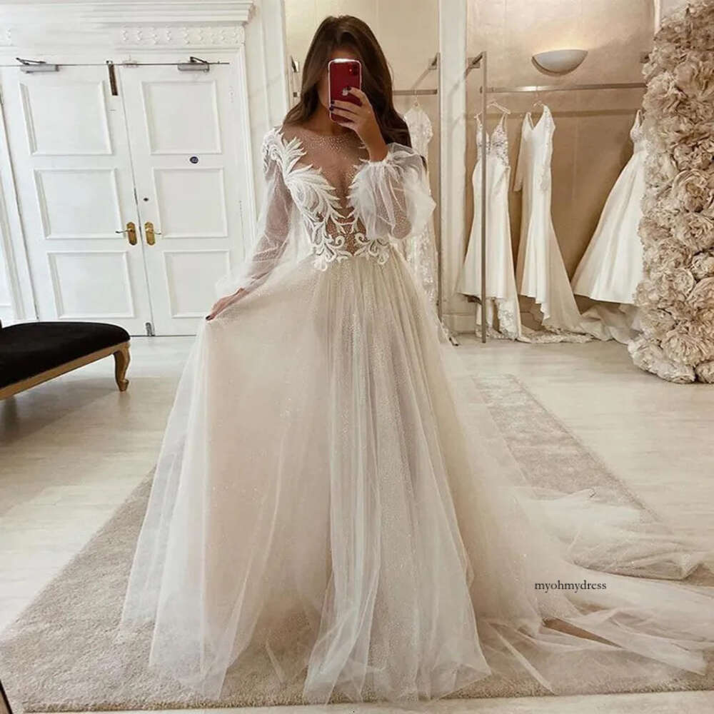 Lace Dresses 2021 Appliques A Line Bride Dress Princess Wedding Gown Long Puff Sleeve robe de mariee 0509