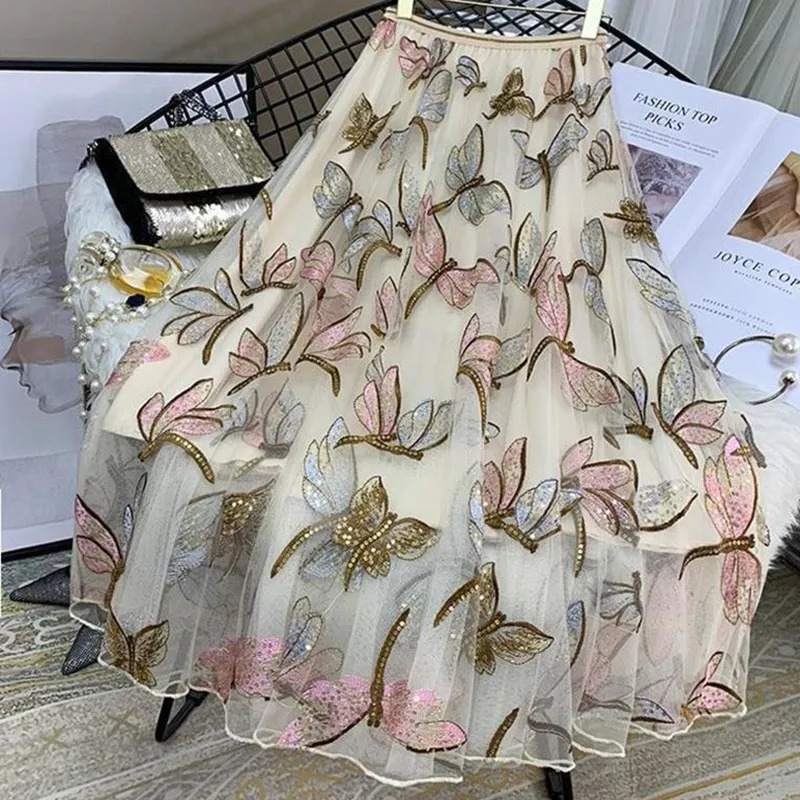women Tulle Skirts Mesh High wais A line korean style autumn Elegant Sequin Embroidery Long Skirt Spring Summer Female 240506