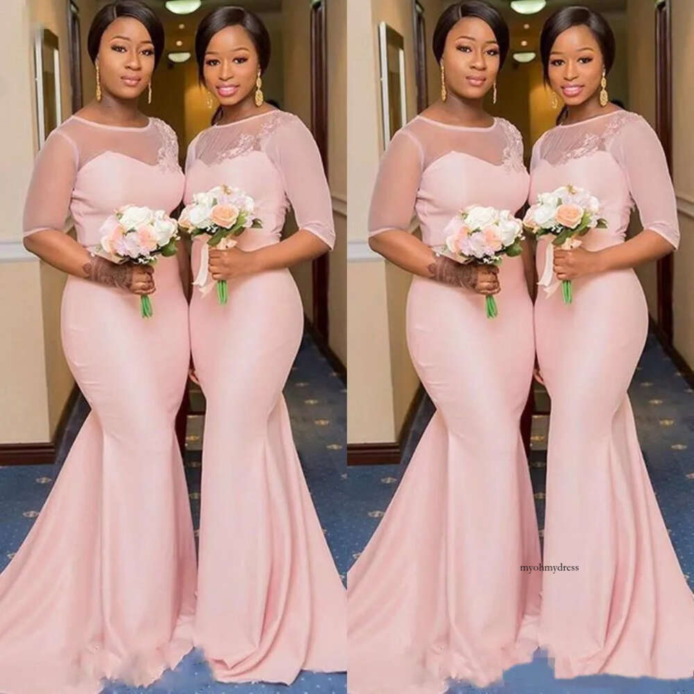 Blush Pink African Nigerian Mermaid Bridesmaid Dresses with Sleeve 2021 Sheer Lace Neck Plus Size Maid of Honor Wedding Guest Gown 0509