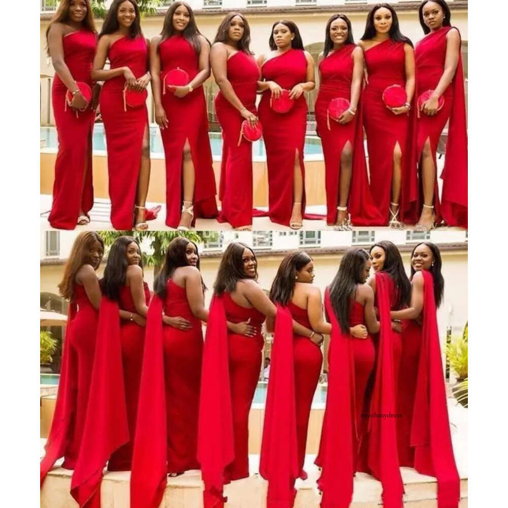 2021 Elegant Arabic Red Mermaid Bridesmaid Dresses One Shoulder Side Split Floor Length Long Wedding Guest Dress Formal Maid of Honor Gowns 0509
