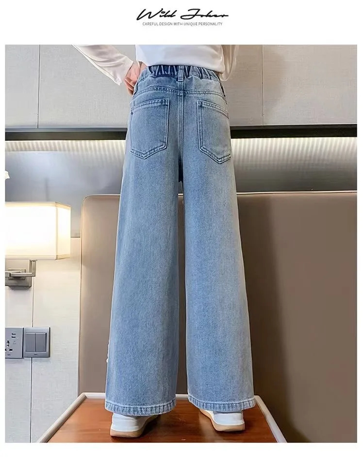 Girls Hole Sale Hanger Jeans Pants Kids Denim Trousers Casual Clothes For Teenagers Girl Spring Winter Trendy Children Clothes 240508