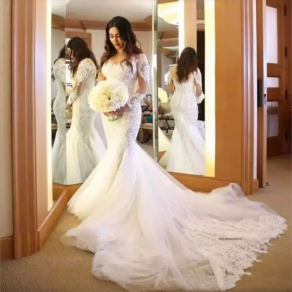 2023 Mermaid Dresses Sheer Jewel Neck Lace Appliques Long Sleeves Bridal Gowns Custom Made Plus Size Wedding Dress 0509