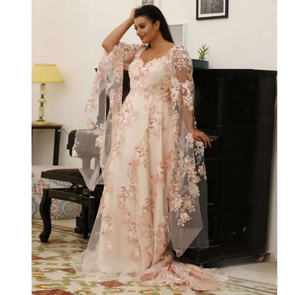 Fabulous Lace Plus Size Prom Dresses Scoop Neck Long Sleeves Evening Gowns Sweep Train A Line Formal Dress 0509